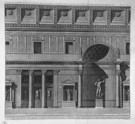 Demonstration of a part of the interior of the Pantheon set in a straight line, and supplemented in its ornaments as they were before the various devastations, and before the restorations of the Pontiffs and adorned with statues and bas-reliefs according t